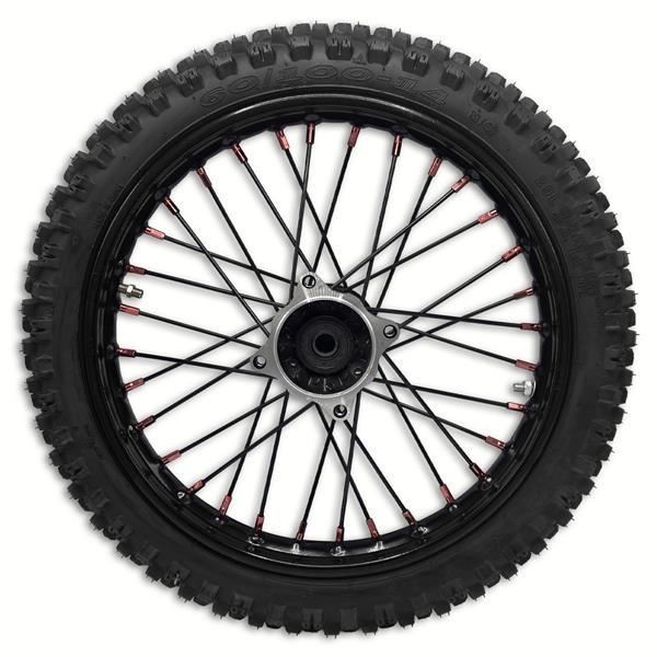 M2R RF140 S2 Pit Bike Front 14 Wheel Black Spokes Red Nipples