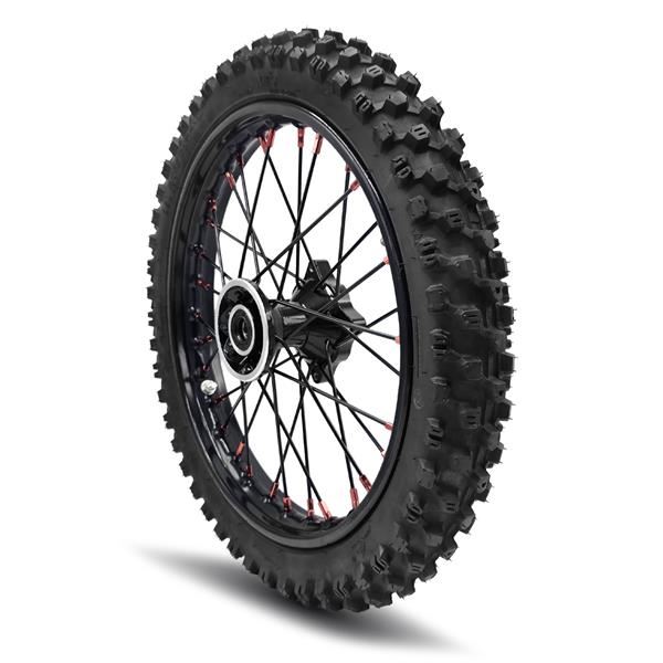 M2R RF140 S2 Pit Bike Front 14 Wheel Black Spokes Red Nipples