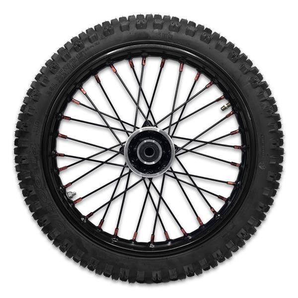 M2R RF140 S2 Pit Bike Front 14 Wheel Black Spokes Red Nipples